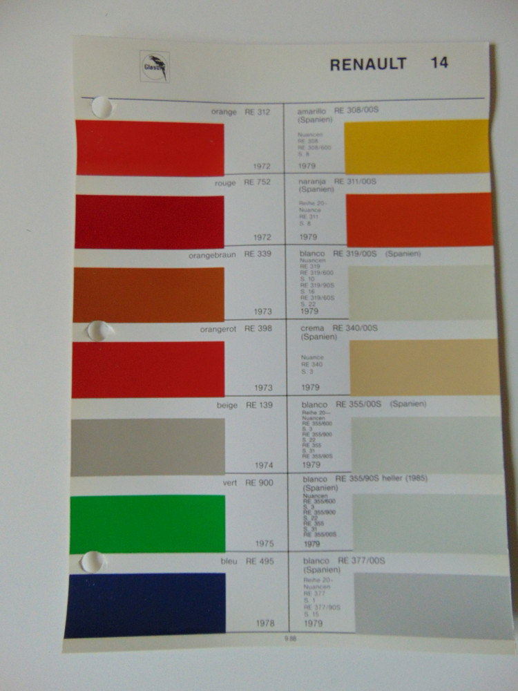 Original Glasurit Renault Paint Chips Sheet - 1972-1979