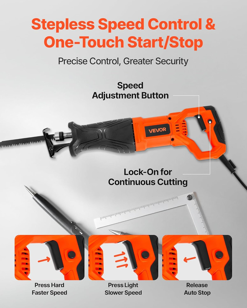 Powerful 7.5 Amp Reciprocating Saw with 8 Blades & Variable Speed Control
