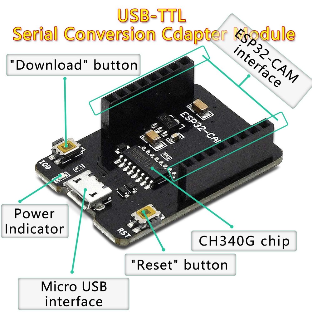 ESP32-CAM-MB Board, CH-340G, OV2640 2MP Camera, WiFi, Bluetooth, Micro USB