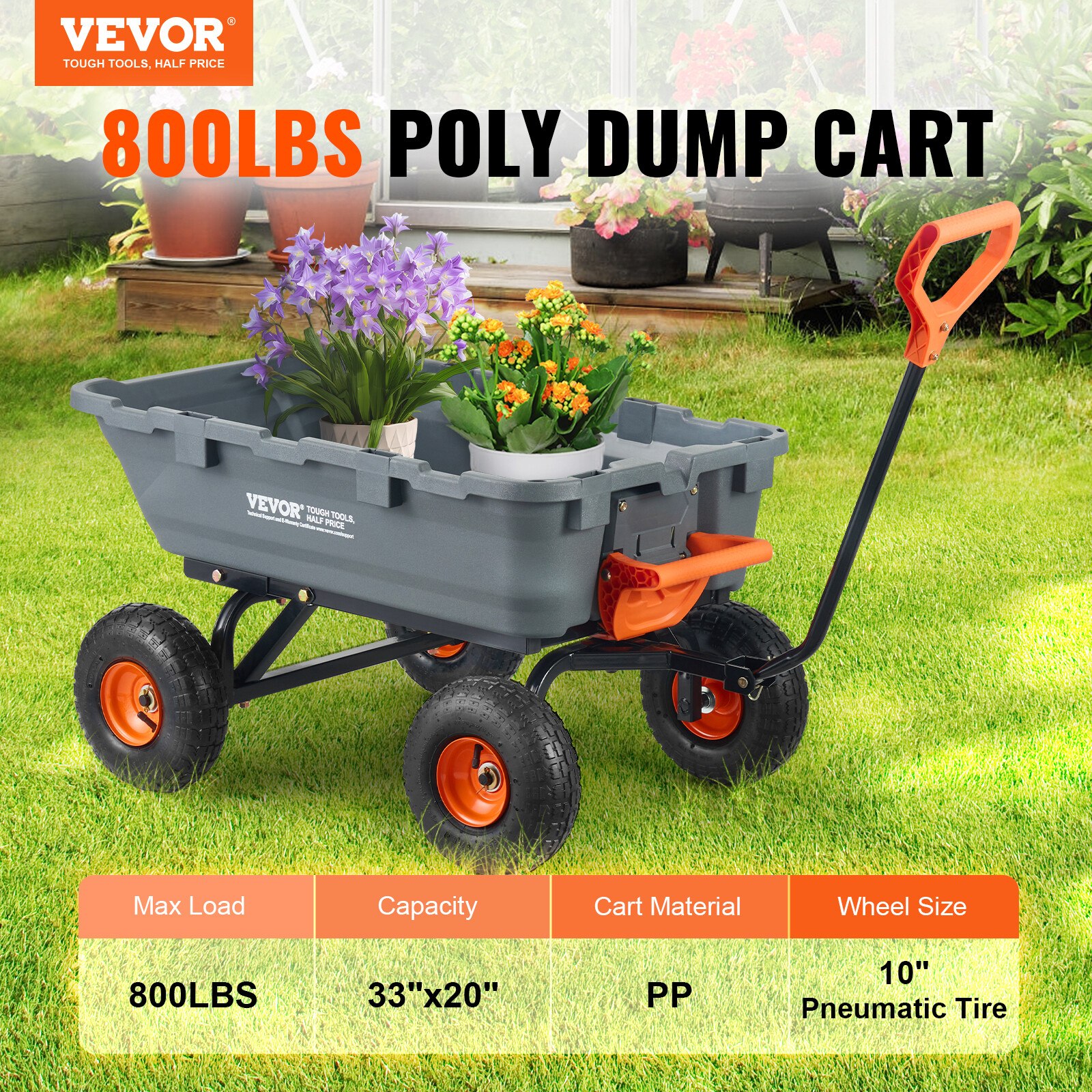 VEVOR Poly Garden Dump Cart Heavy-duty Yard Carts and Wagons 800 lbs 10" Tires
