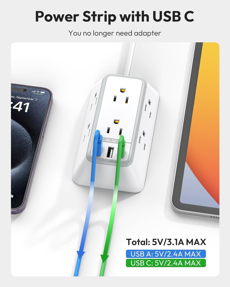 15 ft White Flat Plug Power Strip with USB C Surge Protector Wall Mount