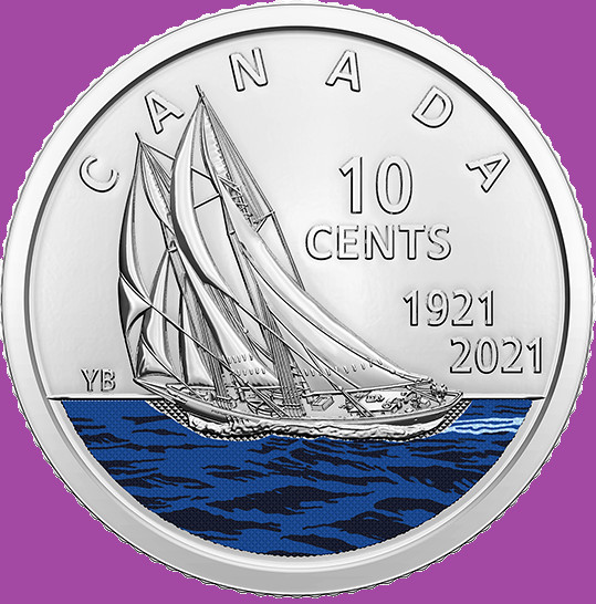 2021 Canada 100th Anniv Coloured Bluenose Dime Coin Mint UNC 10 Cent