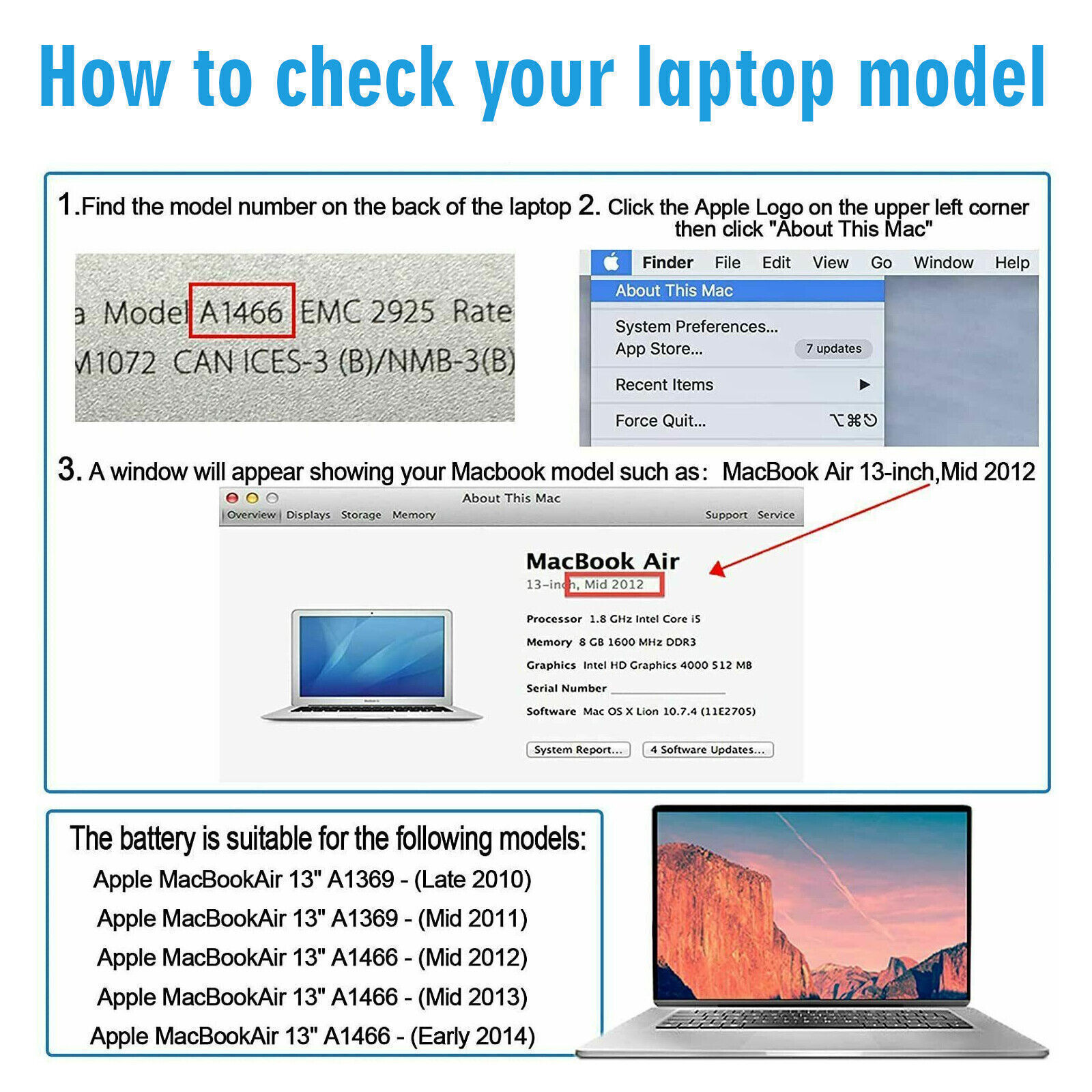 Battery A1466 for MacBook Air 13'' A1369 A1496 A1405 A1377 2013 2014 2015 2017