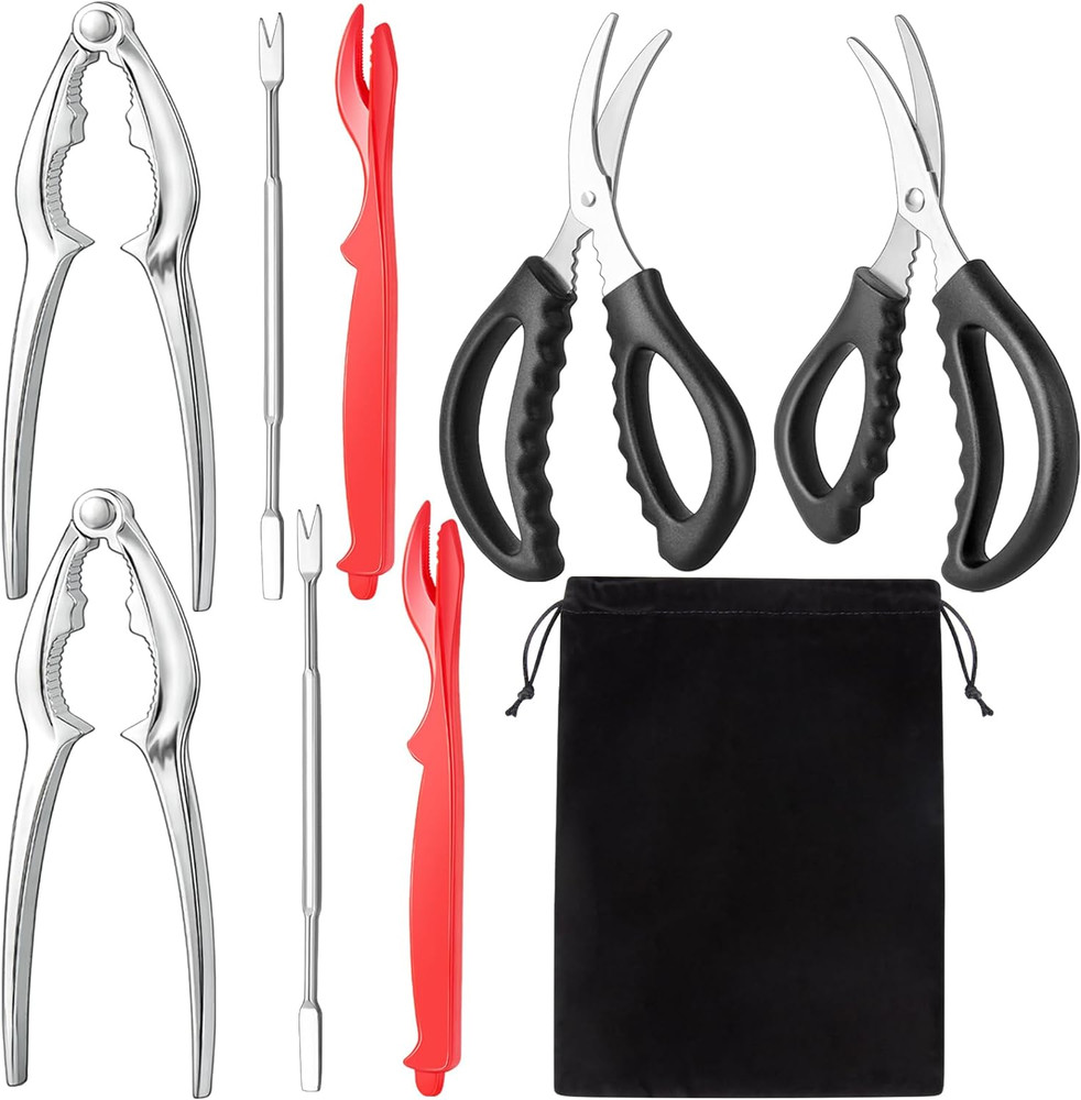 Seafood Cracker Tool Set 9 Pcs: Crab Crackers, Lobster Sheller, Forks & Scissors