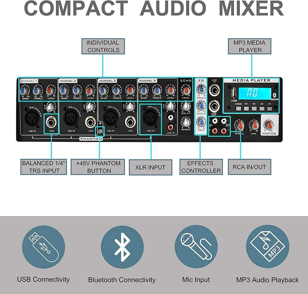 PRORECK MX10 1600W 6-channel Powered Bluetooth Mixer