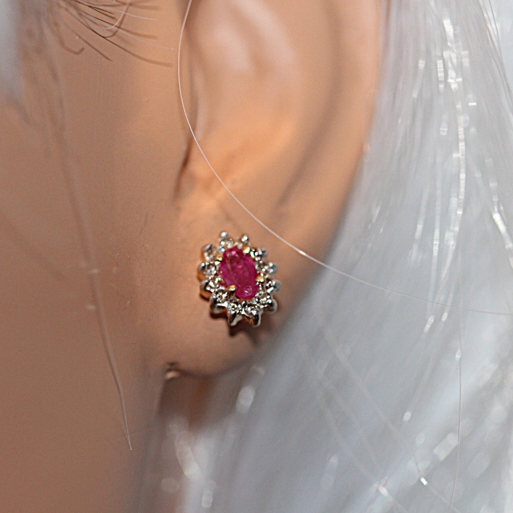 14K Yellow Gold Oval Natural Ruby and Diamond Stud Earrings