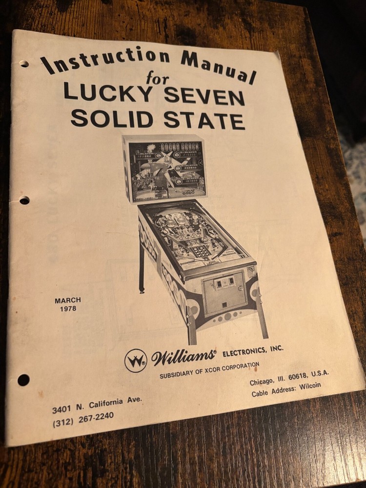 Lucky Seven Solid State Pinball  Manual Instructions Operations Williams 1978