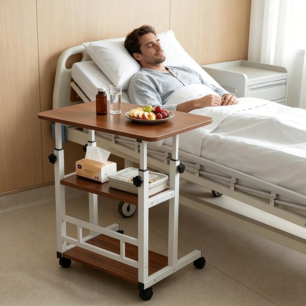 3-Tier Adjustable Nursing Bedside Table Simple Hospital Bedside Table Walnut