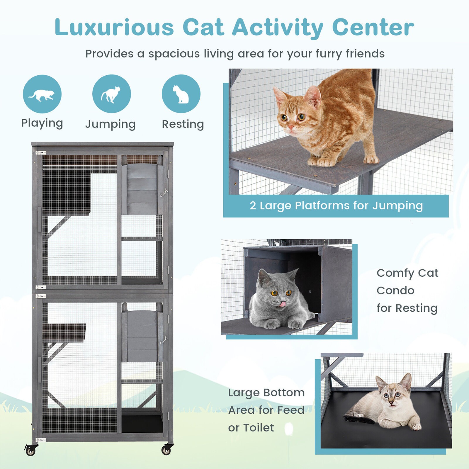 Wooden Cat House 72" Indoor Outdoor Kitten Enclosure Kennel Condo on Wheels Grey