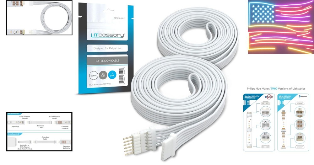 Extension Cable for Philips Hue/Solo Lightstrip 3.3ft, 2 Pack, White - Micro ...
