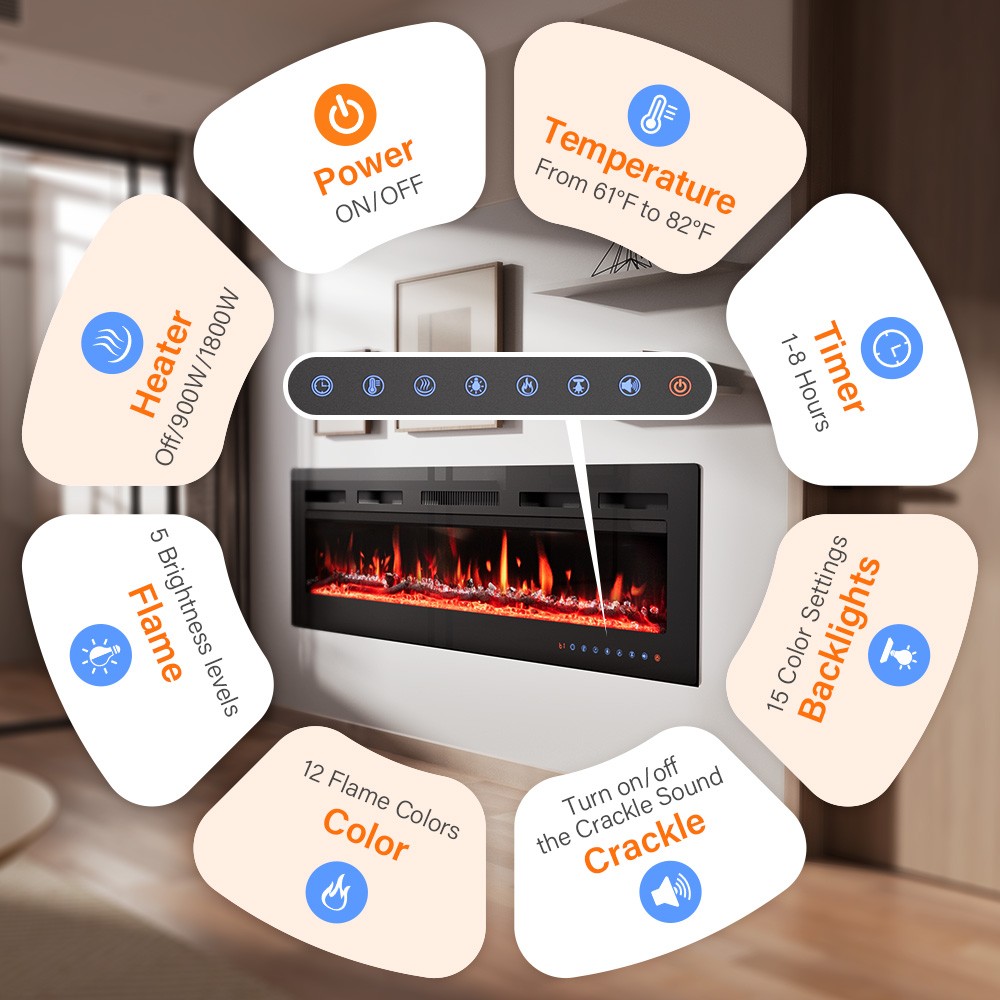 40" Electric Fireplace Insert or Wall Mounted Standing W/Multicolor Flame Heater
