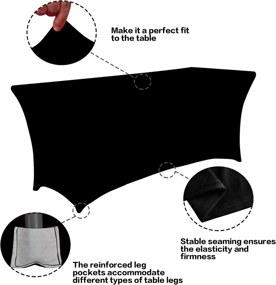 2 Pack 6FT Table Cloth for Rectangular Fitted Events Stretch Black Table Covers