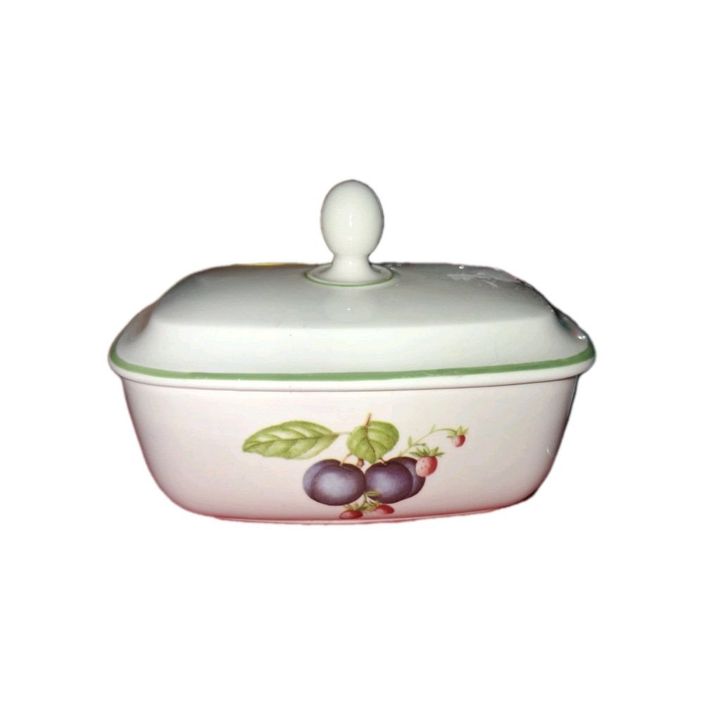 White/Green Rectangular Casserole Dish with Lid, Fruit Pattern