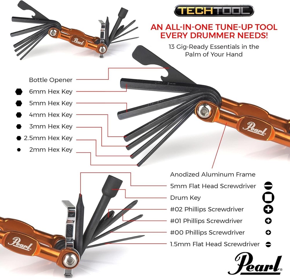 Pearl Tech Tool combination Drum Key and Drum Set Multi-Tool with five