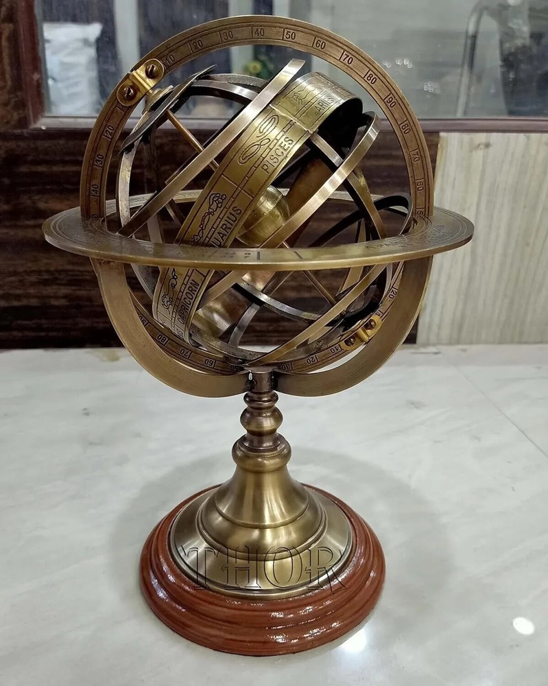 Engraved Brass Tabletop Armillary Nautical Sphere World Globe With Base Table.