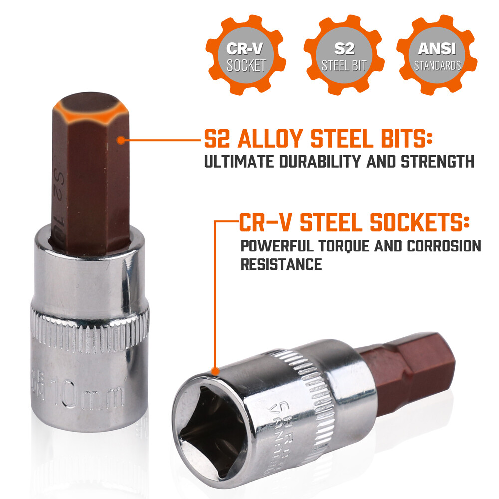 HORUSDY Hex Bit Socket Set 32PC SAE Metric 1/2" 3/8" 1/4" Driver S2 Steel W/Case