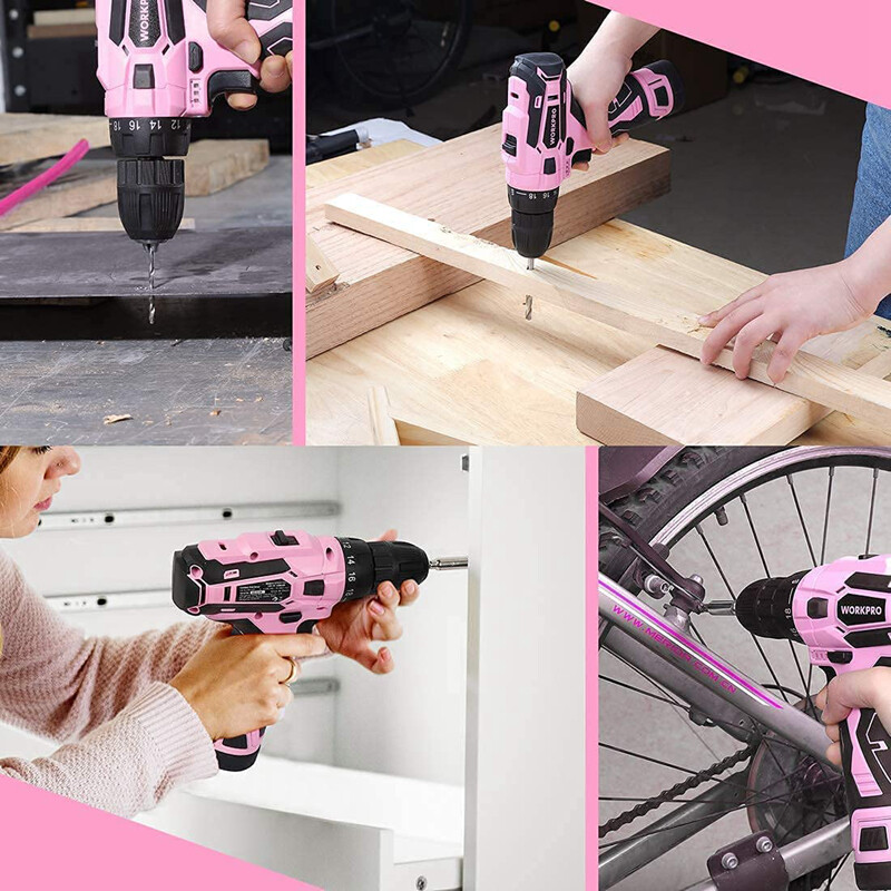 WORKPRO Pink Cordless Drill Driver Set, 12V Electric Screwdriver Driver Tool Kit