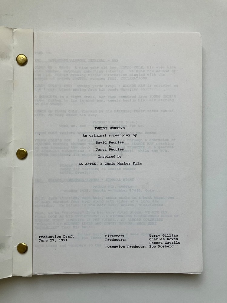 'TWELVE MONKEYS' (1995) AUTHENTIC PROD SCRIPT! NOT A REPRINT. GILLIAM CLASSIC!