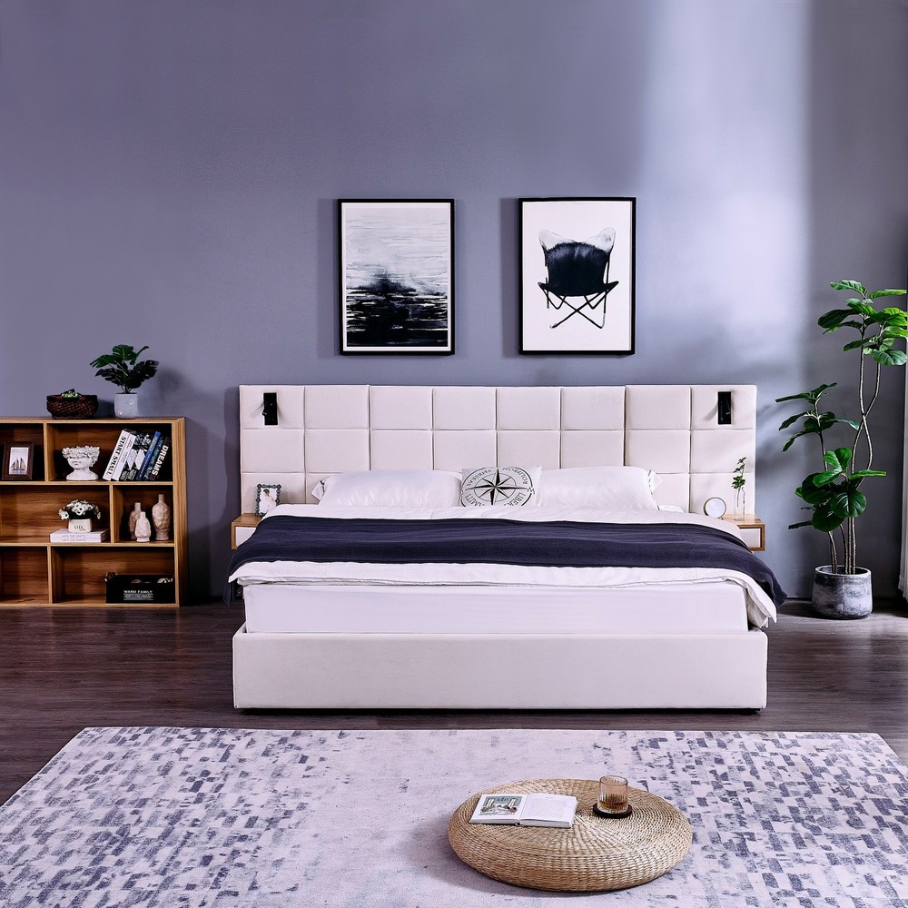 King Size Platform Bed Frame w/ Hydraulic Storage System & 2 Shelves & USB Port