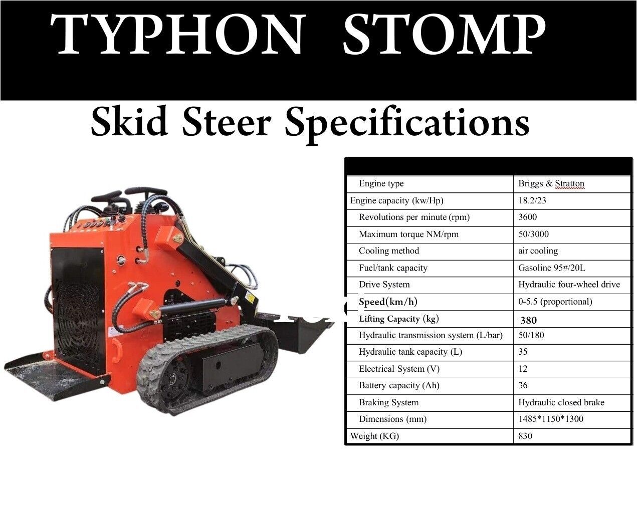 FREE SHIPPING NEW TYPHON STOMP 1,800lbs Mini Skid Steer 23HP Gas EPA Engine