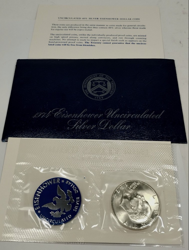 1974-S Eisenhower 40 % Silver Dollar Uncirculated w/ Blue Envelope