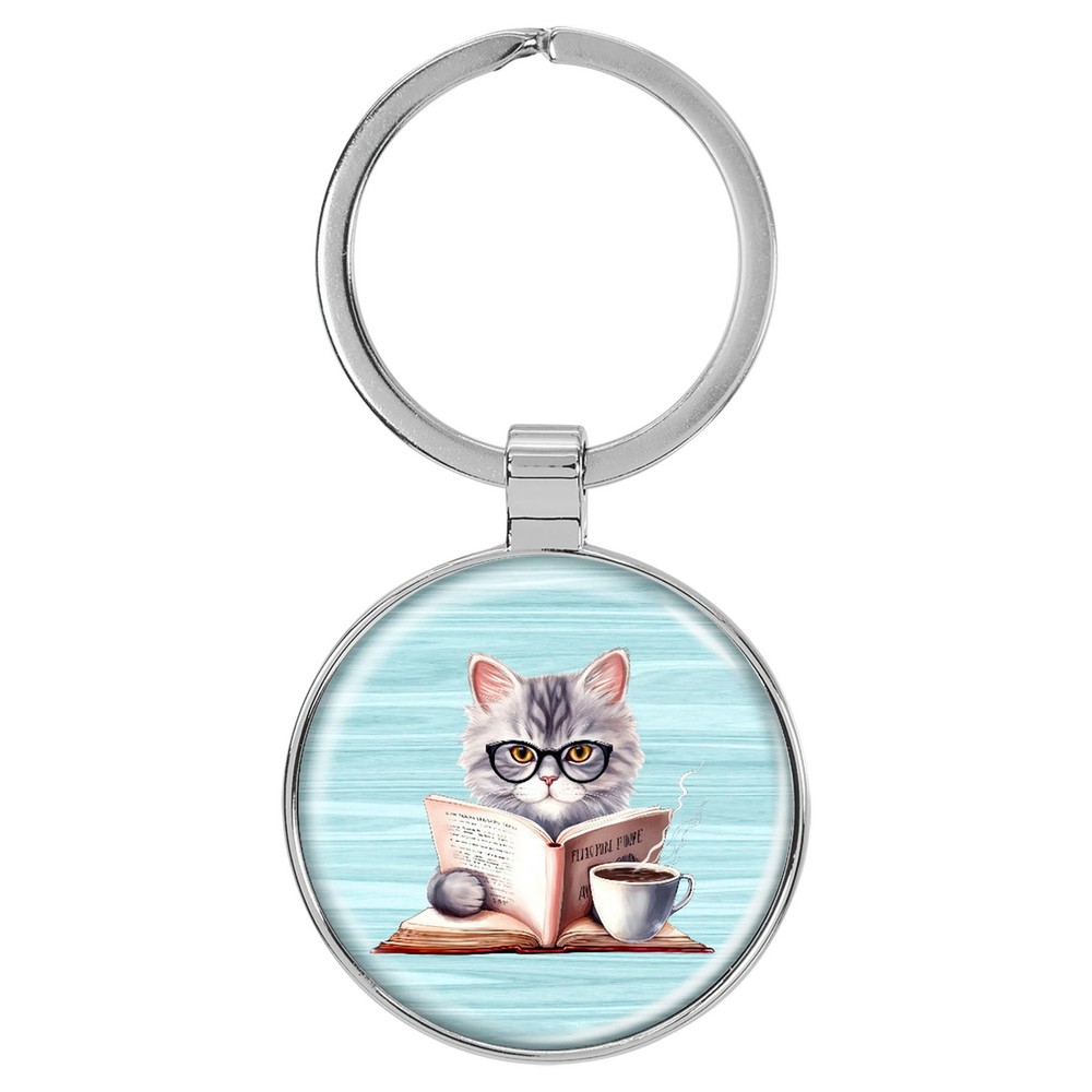 Enthoozies Cat Kitty Reading Coffee Turquoise Domed Keychain Backpack Pull -