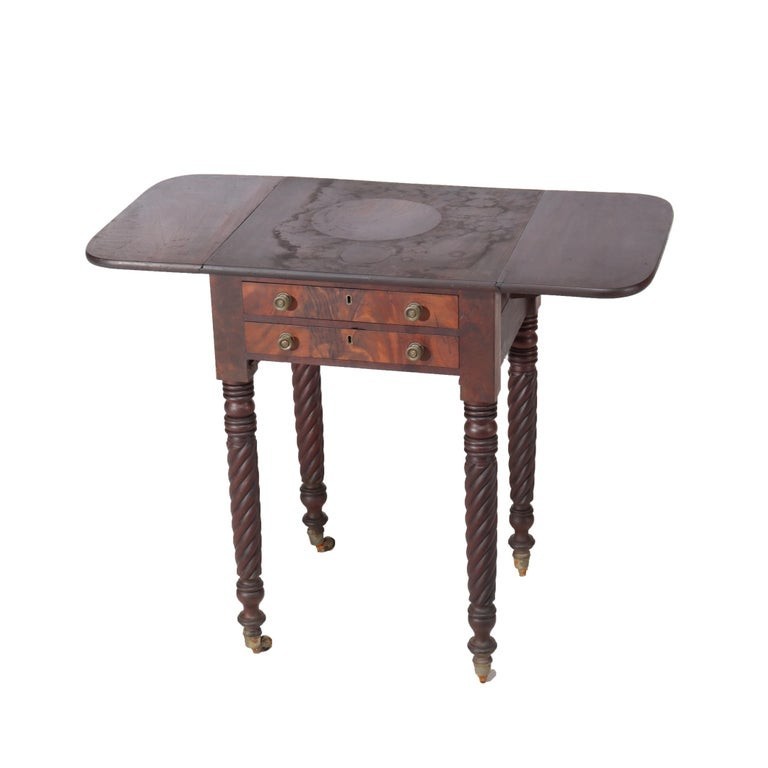 Sheraton Flame Mahogany 2 Drawer Drop Leaf Work Table c1830