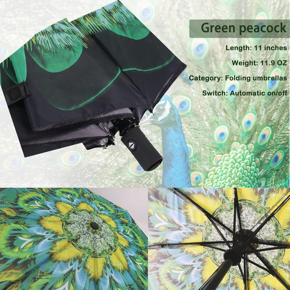 Windproof Compact Travel Umbrella – Automatic Folding (Green Peacock)