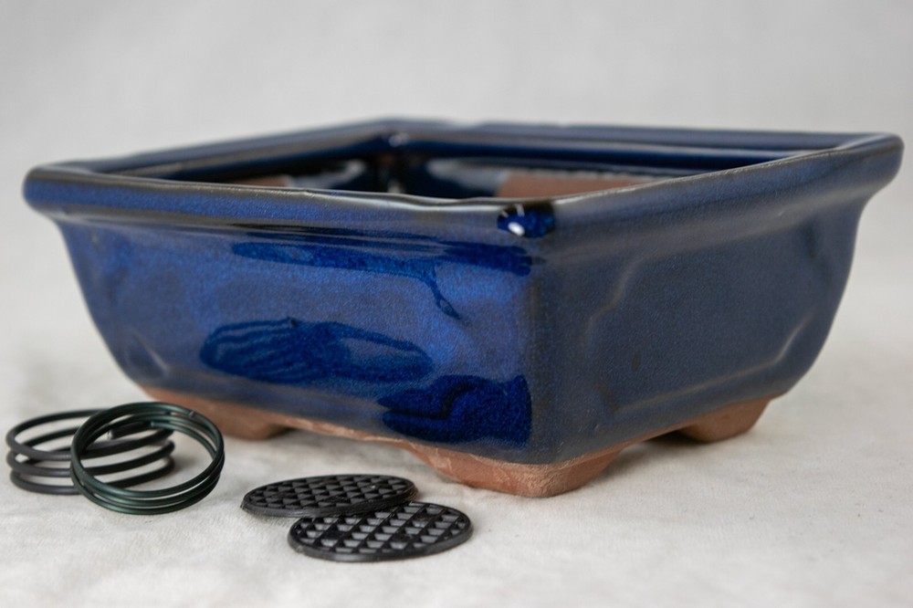 Rectangular Glazed Succulent, Bonsai Pot + Mesh + Wire 6"x 4.5"x 2.25" - Blue