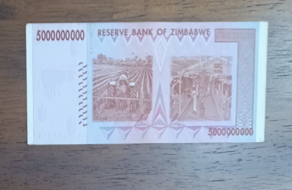 Zimbabwe 2008 $5 billion note, from the hyperinflation era
