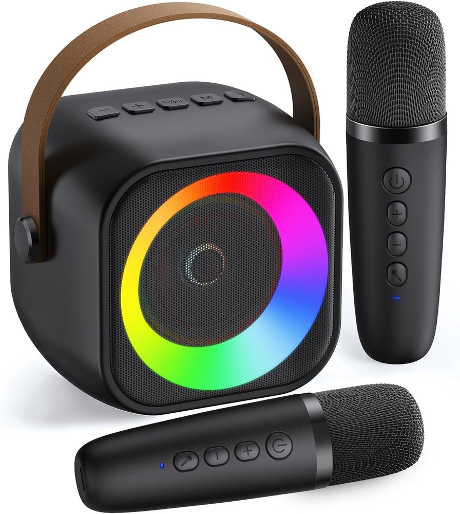 Mini Karaoke Machine, Portable Bluetooth Karaoke Speaker with 2 Wireless Microph