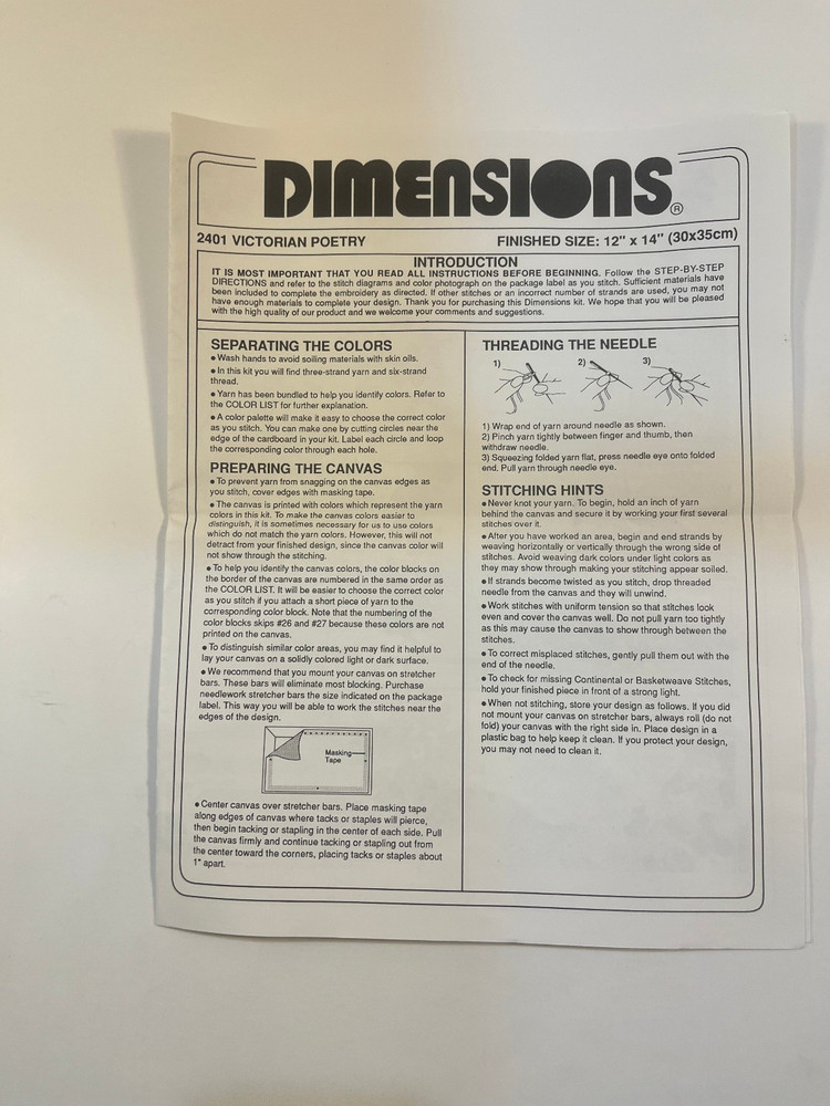 Dimensions Needlepoint Kit #2401 "Victorian Poetry" - Started