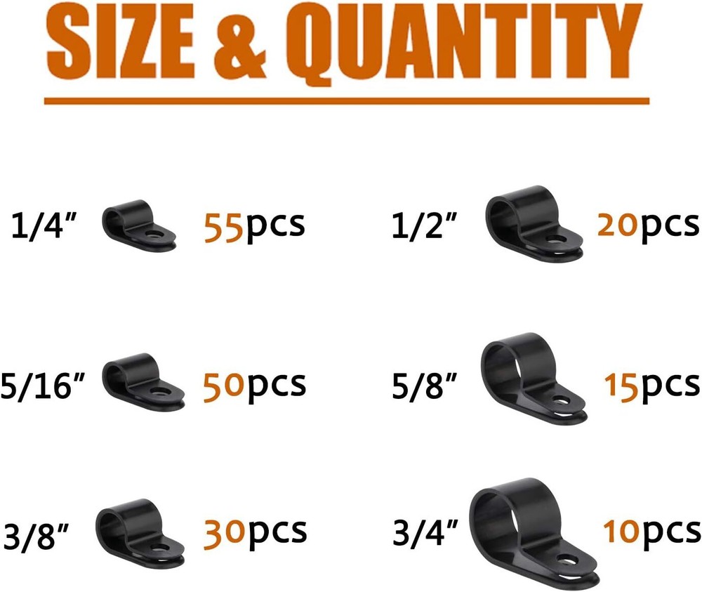 180Pc Nylon Plastic R-Type Cable Clamps Clips Fasteners Assortment Kit for Cable