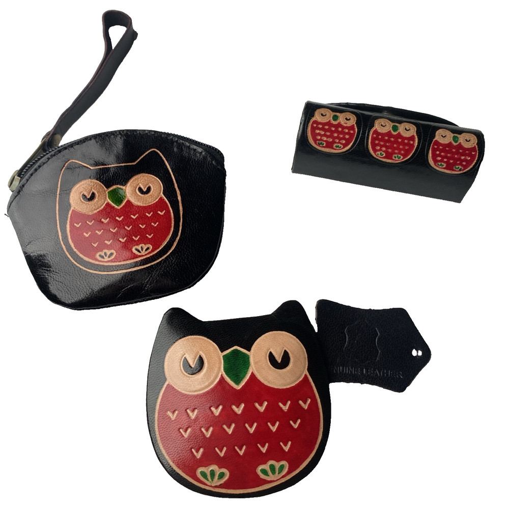 Genuine Tooled Leather Owl Set: Wallet, Mirror, Lipstick Case Preowned