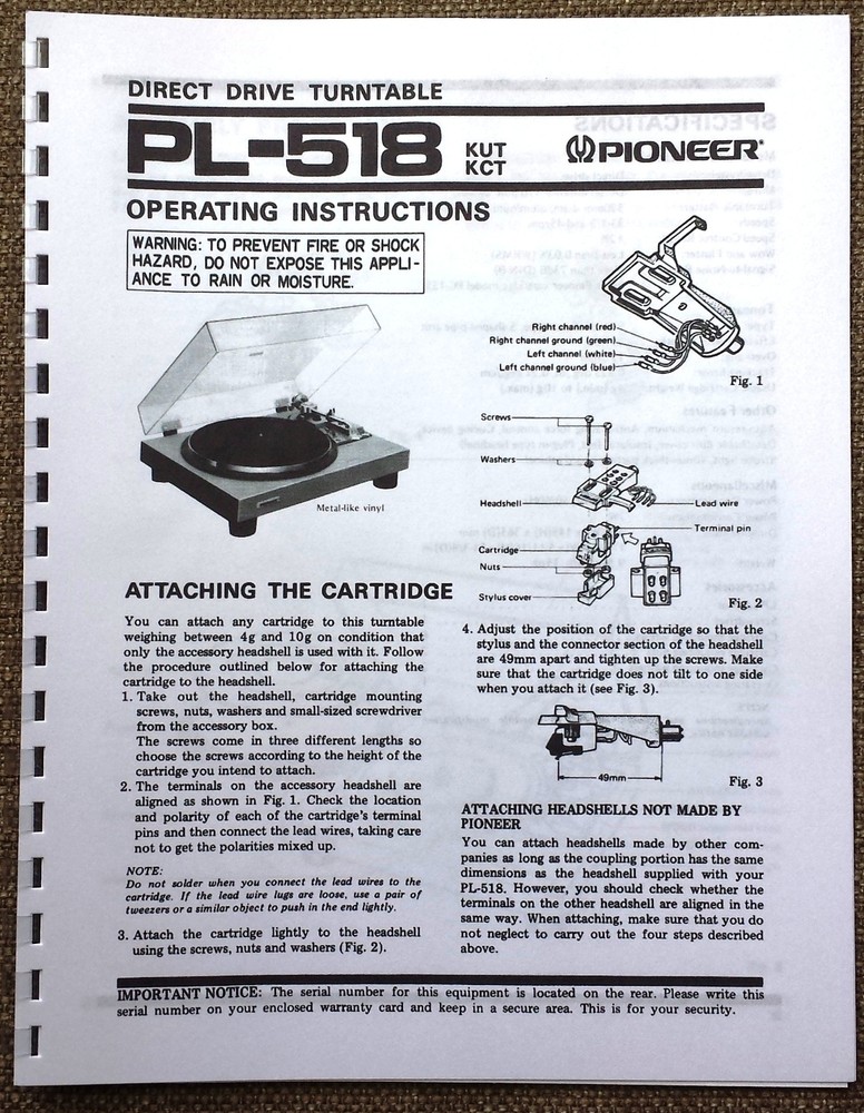 Pioneer PL-518 Turntable Owners Manual
