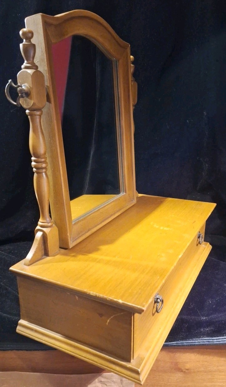 Antique Wood Tabletop Vanity Dressing Table Swivel Mirror with Storage Drawer