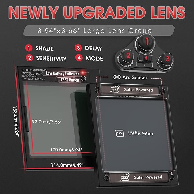 YESWELDER Solar Auto Darkening Helmet 4 Sensors 3.93"x3.66" TIG/MIG/Arc/Grind