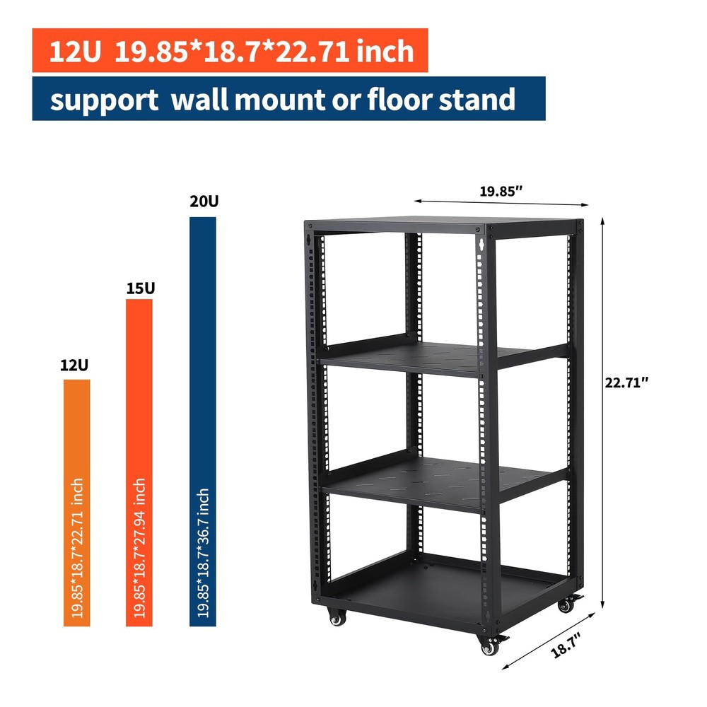 12U 15U 20U Open Frame Server Rack Network Rack with Casters Floor Standing Wall