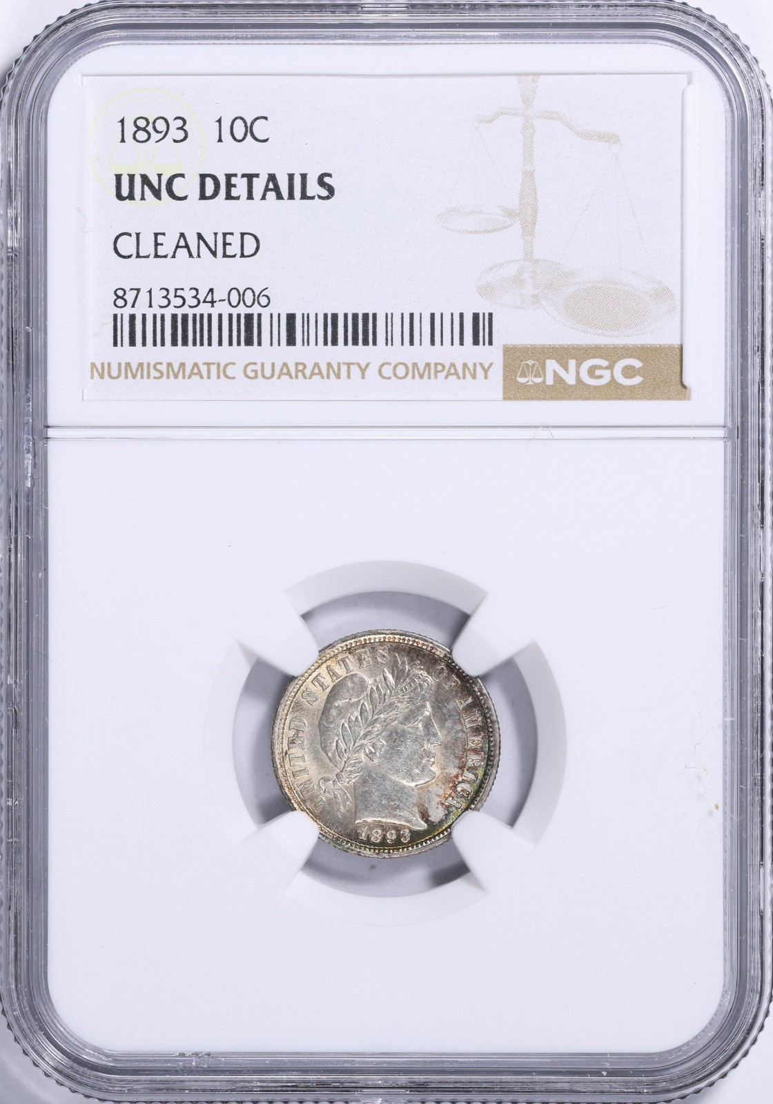 1893 10c NGC UNC DETAILS ~ ATTRACTIVE UNCIRCULATED SILVER BARBER DIME