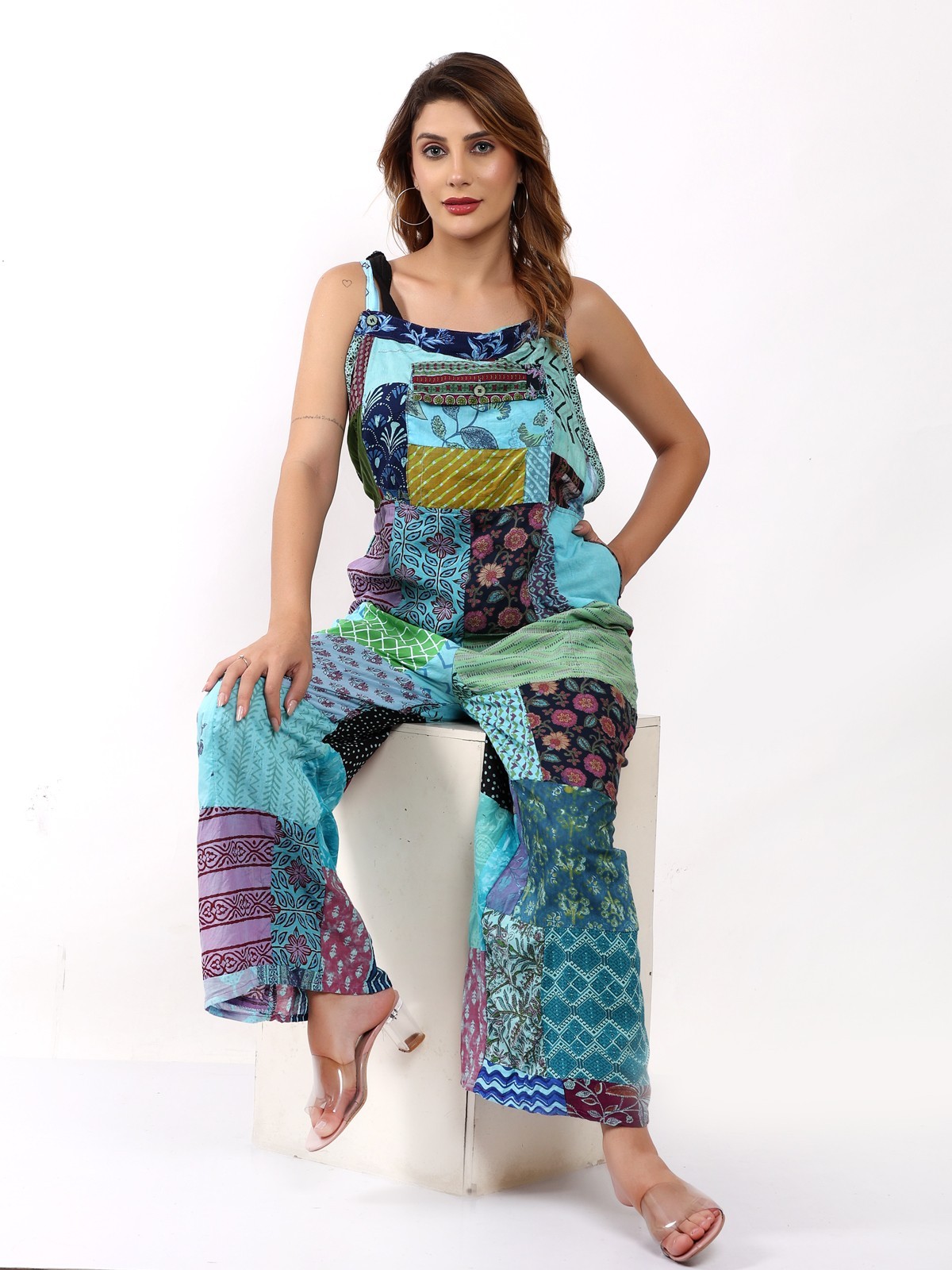 Women's Casual Patchwork Pocket Wide Leg Floral Print Rompers Jumpsuit Dress