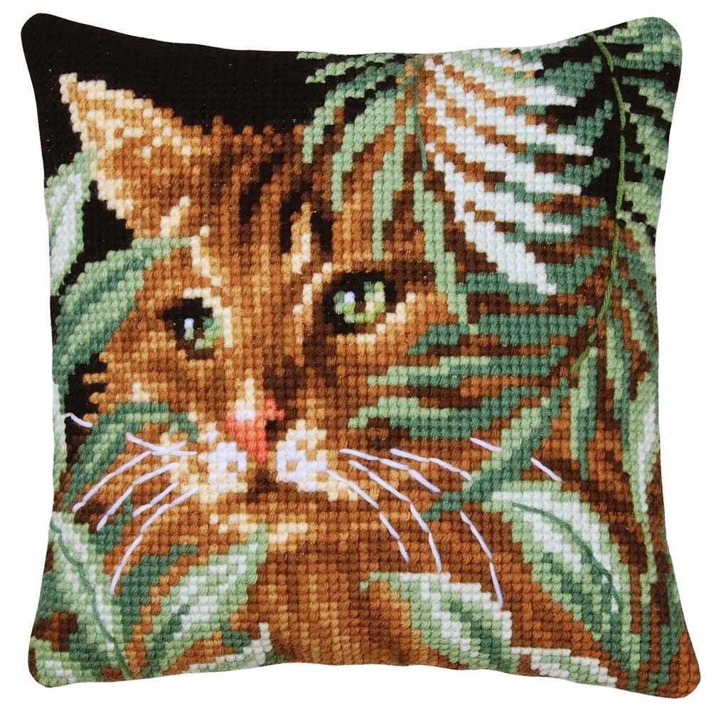 Vervaco® Cat Between Leaves Cushion Needlepoint Kit
