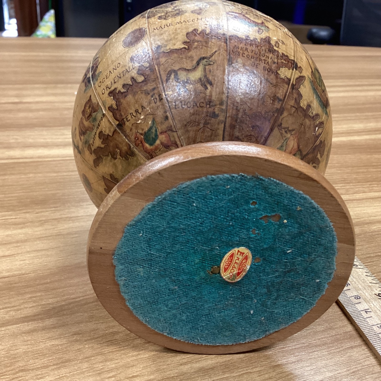 Vintage Wooden Earth Globe Pencil Pen Holder 4.5" Tall Desk Accessory