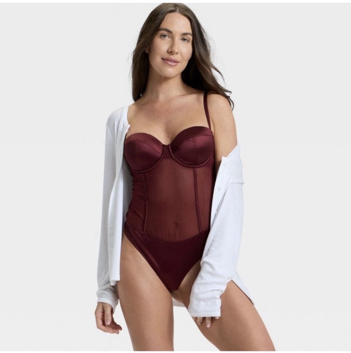 Auden Berry Red Satin And Mesh Lightly Lined Lingerie Bodysuit Size S