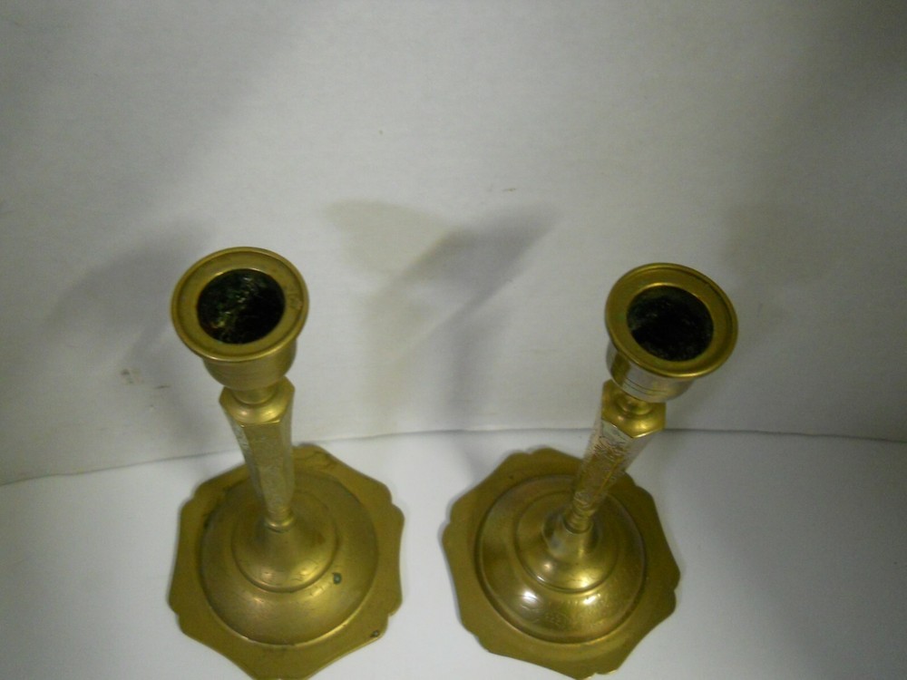 2 Brass Chinese Dragon Etched Candle Stick Holder Collectible Home Decor 7 1/2"