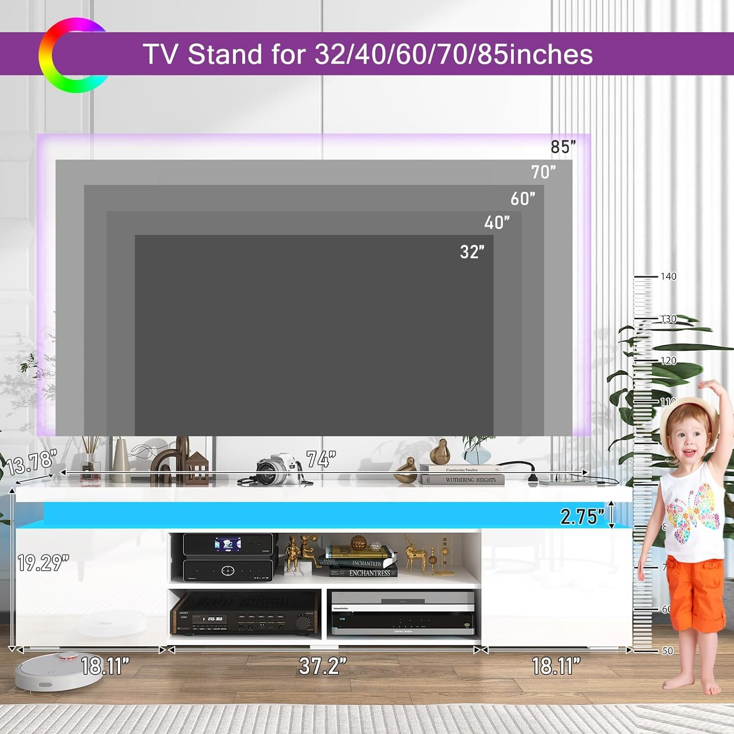 66"/75" Modern High Gloss LED TV Stand, Entertainment Center for 75"/85" TV