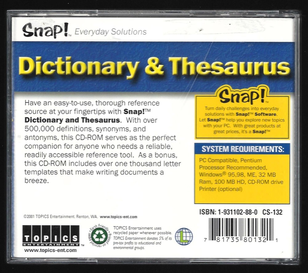 Dictionary & Thesaurus (CD-ROM PC 2001) Snap! Everyday Solutions - Tested