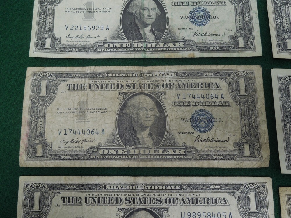 9 each - 1957 $1 USA Dollar, Silver Certificates