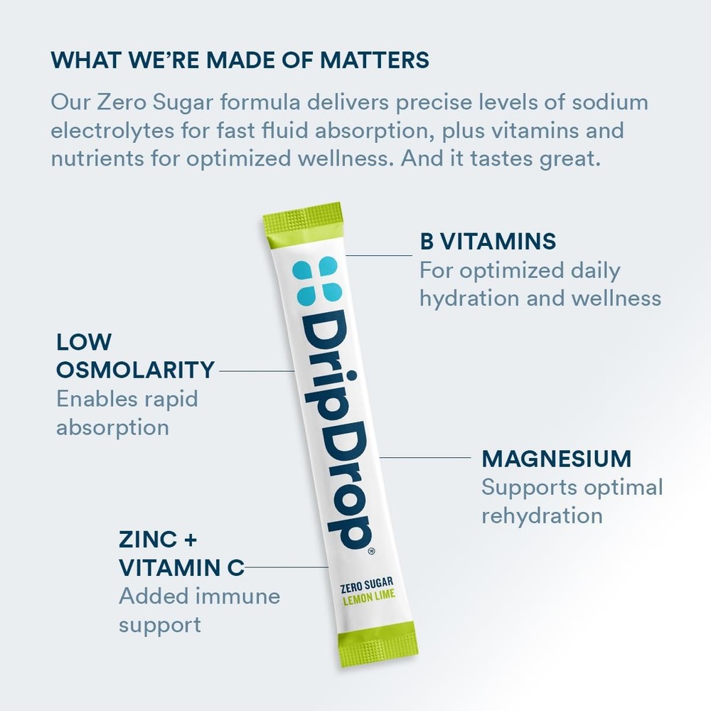 DripDrop Sugar Free Hydration Packets - Zero Lemon Lime - Single 32 Count