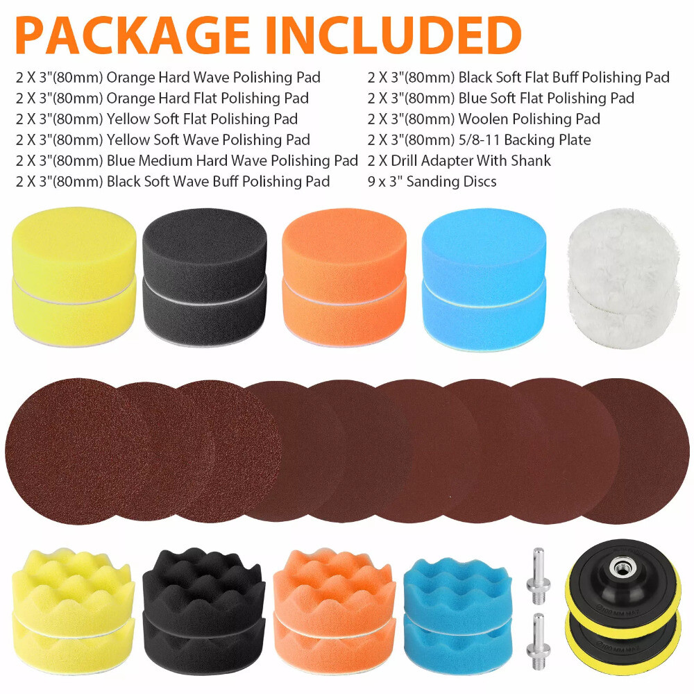 31PCS Foam Drill Polishing Pads Kit Car Hub Waxing Buffing Wheel Polisher 3"