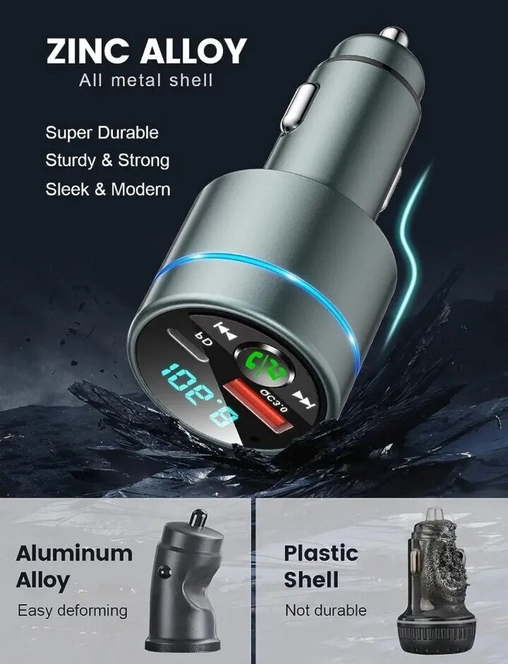 FM Transmitter for Car Bluetooth 5.3 [All-Metal] PD 30W & QC3.0 18W Fast Car 5pk